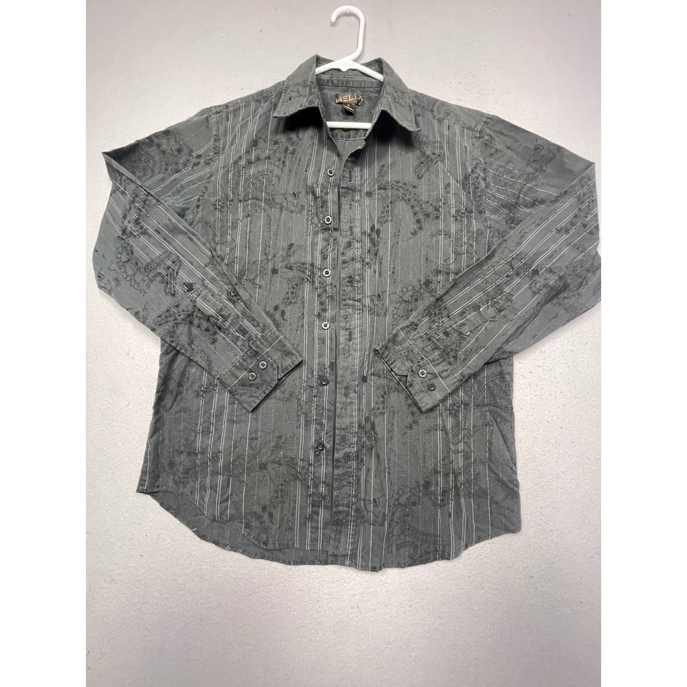 Helix Button Down Shirt Cotton Polyester Grey Paisley Stripe Size Large Mens